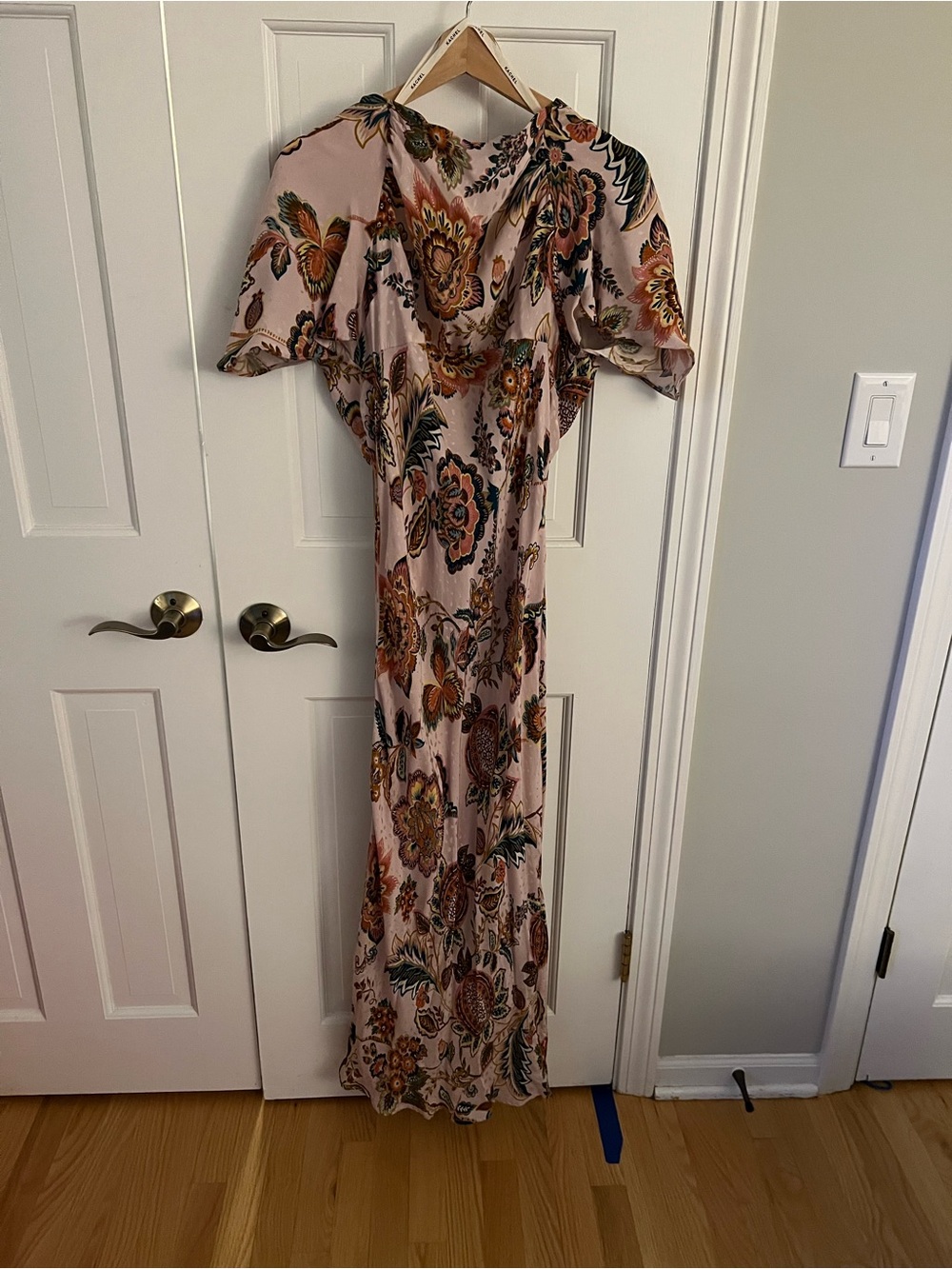 Kachel Anthropologie Pink Floral Maxi Dress with Flutter Sleeves